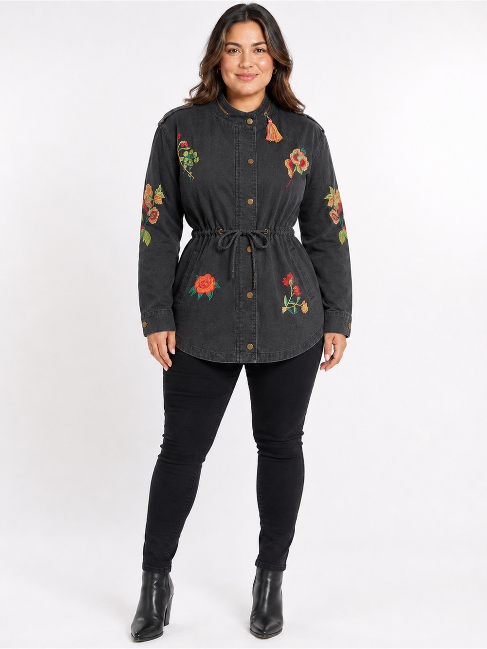 fab’rik Black Gray Floral Embroidered Utility Jacket Large Boho